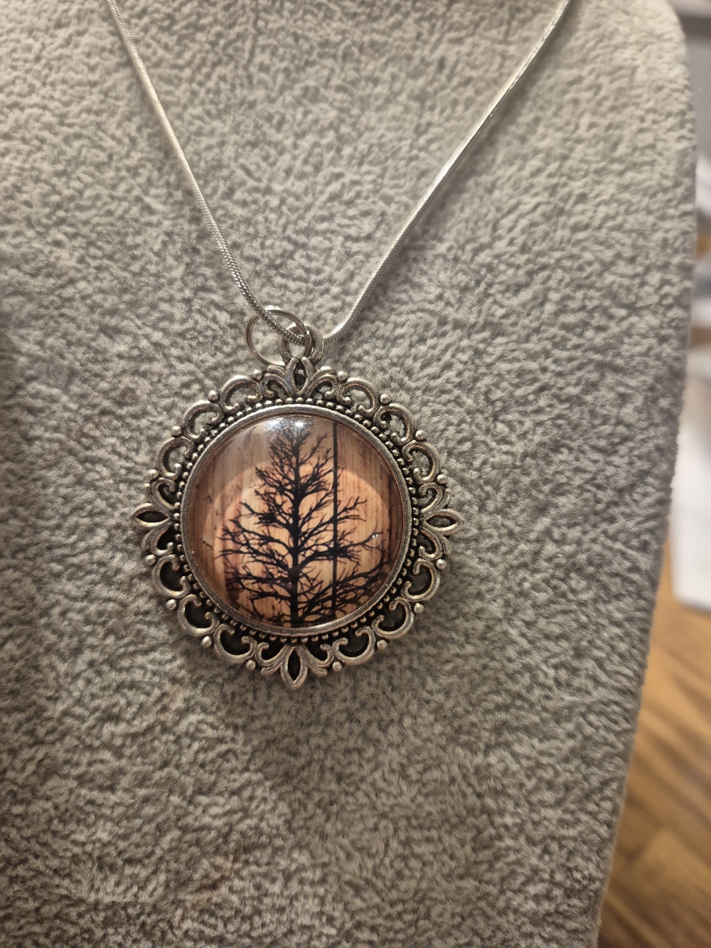 Silver Tree Silhouette Pendant Necklace - Orange Accent